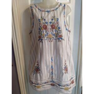 Entro Dress Beige Floral Embroidery Sz L Beach Boho Fairy 100% Cotton